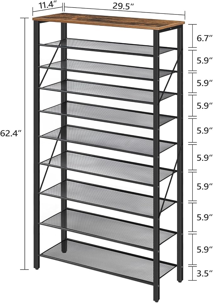 MAHANCRIS 10 Tier Shoe Rack Organizer for Closet, Holds 36-40 Pairs, Tall Metal Shoe Storage Shelf for Entryway Bedroom, Sturdy Freestanding Shoe Rack Space Saving, Large Capacity, Rustic Brown - Image 3