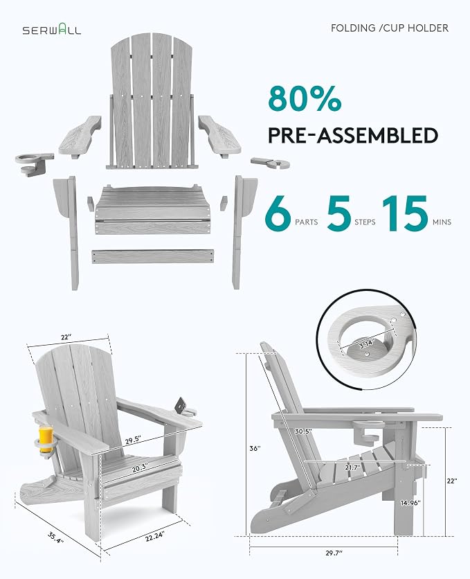 SERWALL Adirondack Chair with Cup Holders - Composite Adirondack Chairs HDPE Outdoor Chairs All Weather Use- Silver Gray - Image 3