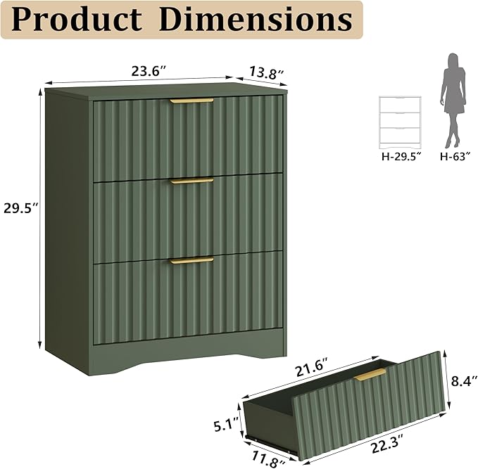 8 Drawer Dresser and Nightstand Sets for Bedroom, Modern Fluted 3 Pcs Bedroom Dresser Furniture Sets, Wood Chest of Drawers and Nightstand Set of 2 with Metal Handles, Green