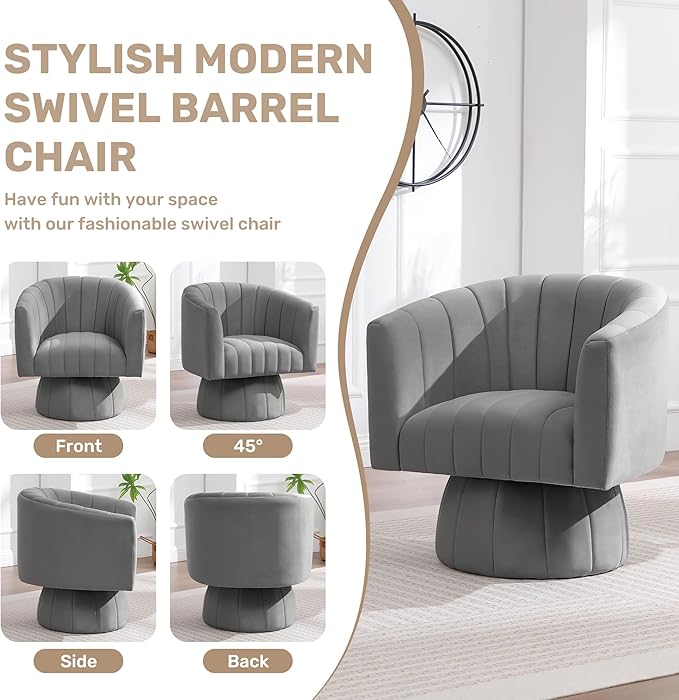 Swivel Accent Barrel Chair, Cute Comfy Small Round 360° Arm Chair. Velvet Sofa Club Reading Chair for Living Room Bedroom Office Grey