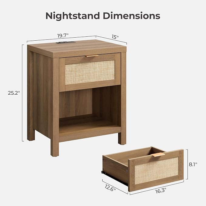 SICOTAS Rattan Night Stand with Charging Station - Farmhouse Nightstand with Type-C and USB Ports, Boho Accent Bed Side Table with Drawer and Open Shelf for Bedroom Small Space, Oak - Image 3