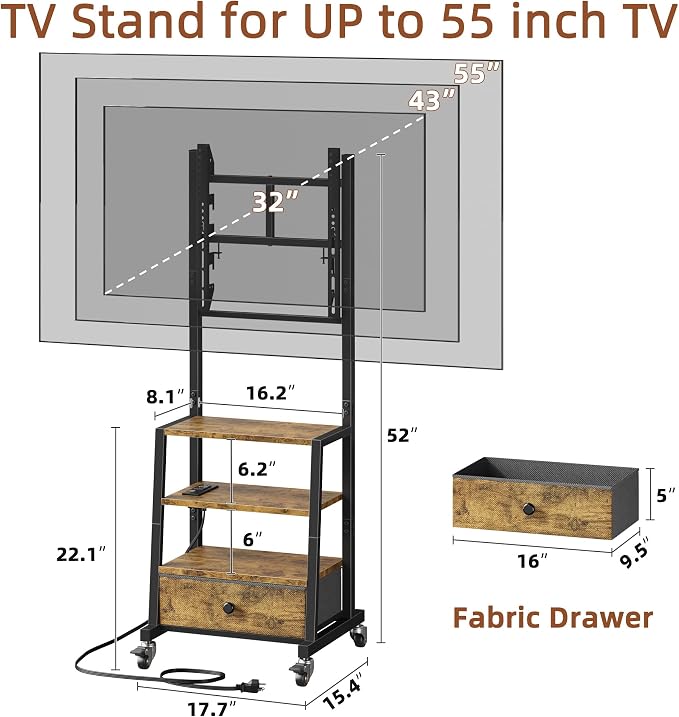 Rolling TV Stand with Wheels and Mount & Fabric Drawer - Entertainment Center with Power Outlet and Small TV Stand for Bedroom, Living Room - 15" Rustic Brown - Image 6