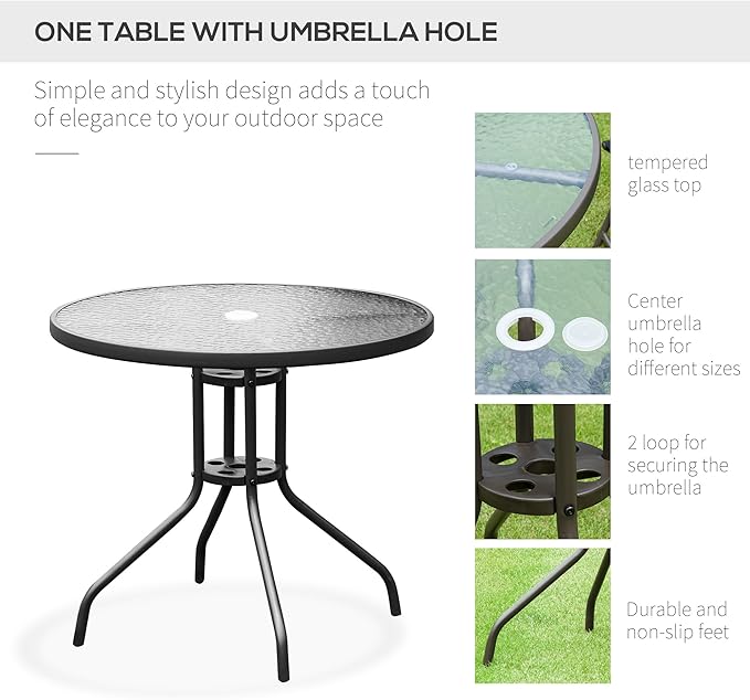 Outsunny 6 Piece Patio Dining Set for 4 with Umbrella, Outdoor Table and Chairs with 4 Folding Dining Chairs & Round Glass Table for Garden, Backyard and Poolside, Black and Coffee - Image 4