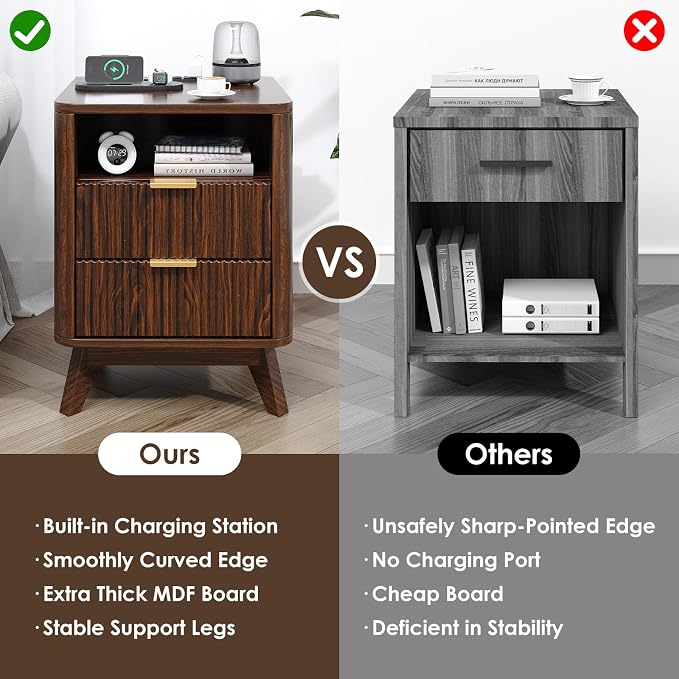 Airynee Nightstand with Charging Station, Fluted Nightstand with LED Lights, Modern Rustic Side Table with 2 Storage Drawers, Wooden End Table for Bedroom, Walnut - Image 5
