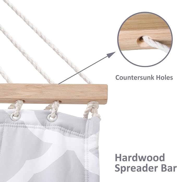 SUNCREAT Double Hammock, Extra Large Quilted Fabric Swing with Hardwood Spreader Bars & Detachable Pillow, Heavy Duty, Perfect for Indoor/Outdoor Patio, Deck, Yard, Gray Cloud - Image 5