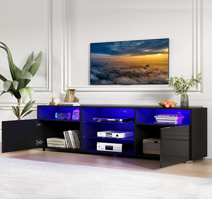 Hlivelood 70" Large LED TV Stand for 65/70/75Inch TV, High Glossy White TV Stand for Living Room,Modern Gaming TV Entertainment Center with Adjustable Storage Shelf,TV Console(Black) - Image 5