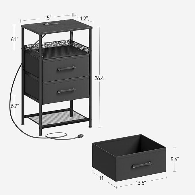JARHETUN Nightstand Set of 2 with Charging Station, Night Stands with LED Lights, 26.4 Inch Tall Bedside Table with Metal Shelf, Side Table with 2 Fabirc Drawers for Bedroom, Black - Image 3