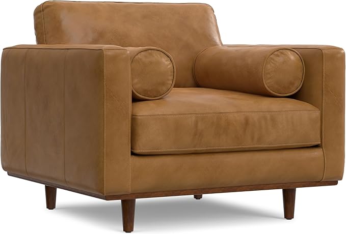 SIMPLIHOME Morrison Arm Chair - 42 inch Wide Upholstered Genuine Leather Mid-Century Modern Accent Chair in Sienna with Solid Wood Legs, Reversible Bolster Pillows and Reclined Back