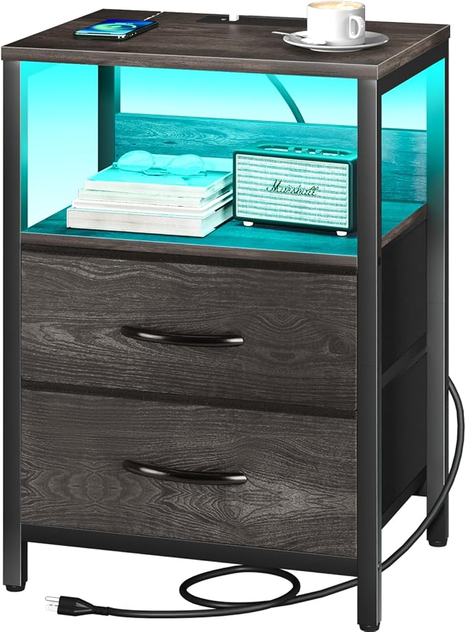 Yoobure Nightstand with Charging Station, LED Night Stand with Fabric Drawers and Storage Shelf for Bedroom, Nightstands Bedside Tables with USB Ports & Outlets, Small Night Stands, Bed Side Table by Yoobure