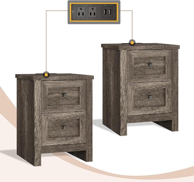 AMERLIFE Nightstand Set of 2 with Charging Station, Rustic Bedside Table with Drawers Storage, Farmhouse Wood Night Stand for Bedroom, Rustic Grey - Image 8
