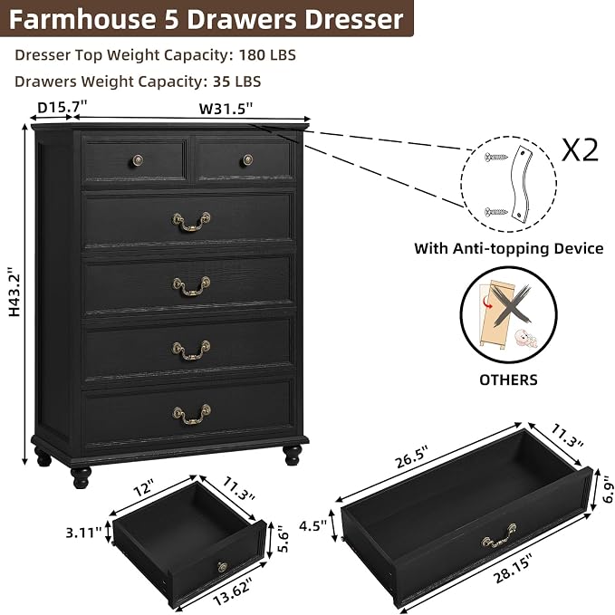 Joaxswe Farmhouse 6 Drawer Dresser for Bedroom, 42" Tall Rustic Chests of Drawers w/ 4 Solid Wood Feet, Mid Century Modern Wooden Closet Storage Dressers Organizer for Living Room, Hallway,Black - Image 2