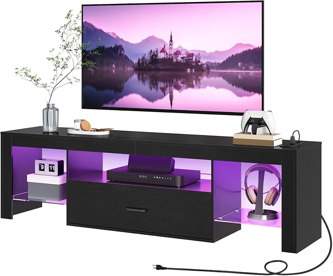 HOOBRO LED TV Stand with Power Outlets to 65 inch TV, Gaming Entertainment Center with Glass Shelves and Large Drawer, Modern Media TV Console Table for Living Room Bedroom, Black BB160UDDS01G1 by HOOBRO
