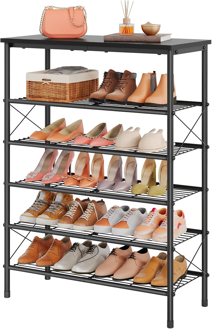 Tajsoon 6 Tier Shoe Rack Organizer for 20-24 Pairs of Shoes, Metal Mesh Shoe Shelf for Closet, Industrial Shoe Rack for Entryway Shoe Storage with X Shape Fixed Frame, Black by Tajsoon