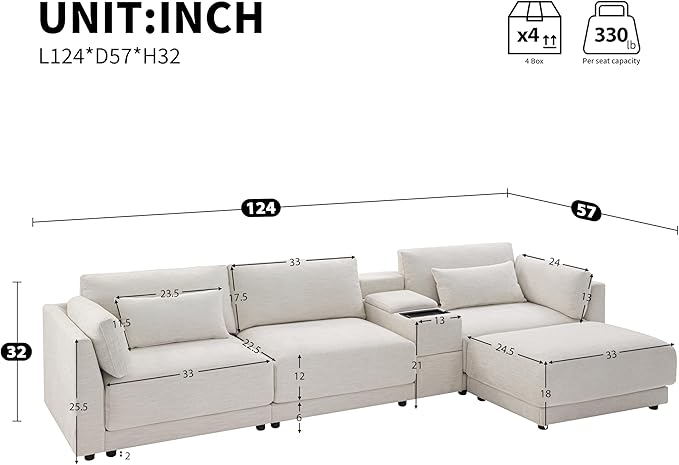 124" L-Shaped Corner Sectional Sofa with Multi-Functional Storage Console for Home Apartment, Luxury Chenille Upholstered Cloud Couches W/Wireless Charger & Ottoman