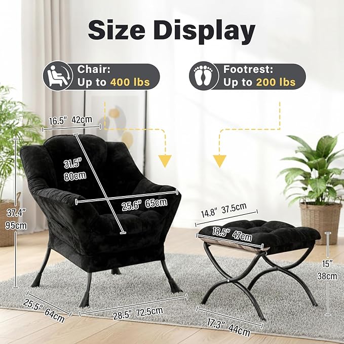 Plush Black Lazy Chair with Ottoman, Large Contemporary Accent Chair with Side Pocket, Modern Leisure Upholstered Reading Armchair with Footrest for Office, Bedroom, Living Room, Balcony