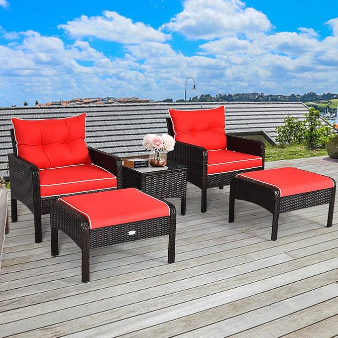 HAPPYGRILL 5PCS Patio Furniture Set Outdoor Rattan Wicker Conversation Set with Coffee Table Cushioned Sofas and Ottoman Chat Set for Garden Backyard