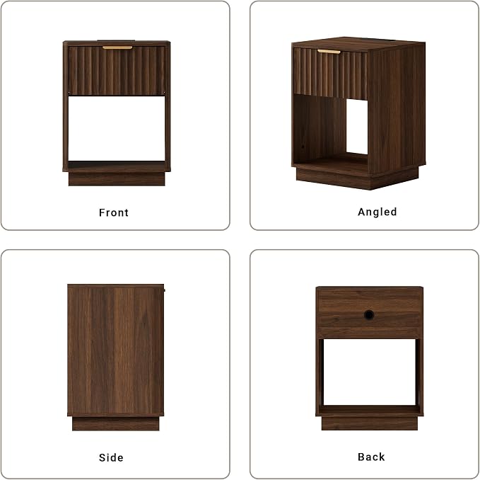 Fluted Nightstand, Night Stand Set 2, Walnut Nightstands Set of 2 with Charging Station, End Table with Drawer & Open Shelf, Modern Bedside Table for Bedroom Sofa Home Office,Curved Corners - Image 8