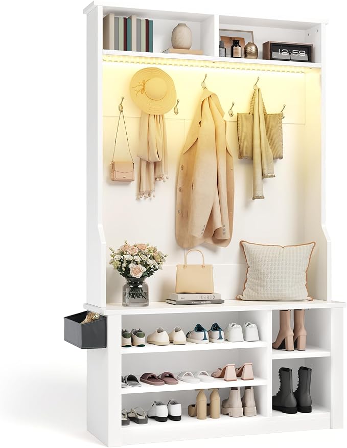 Aiho Entryway Bench with Coat Rack, 5-in-1 Hall Tree with Bench and Shoe Storage, Entryway Furniture, Adjustable LED Light, for Hallway, Living Room, White by AIHO