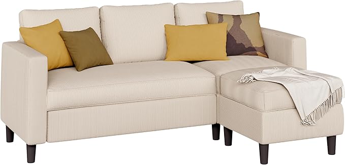 Shintenchi Small Sectional Sofa Couches,L Shape Convertible Sofa with Ottoman,3 Seat Comfy Corduroy Upholstered Sofa Couch,Small Couch for Apartment,Living Room and Office(Beige)