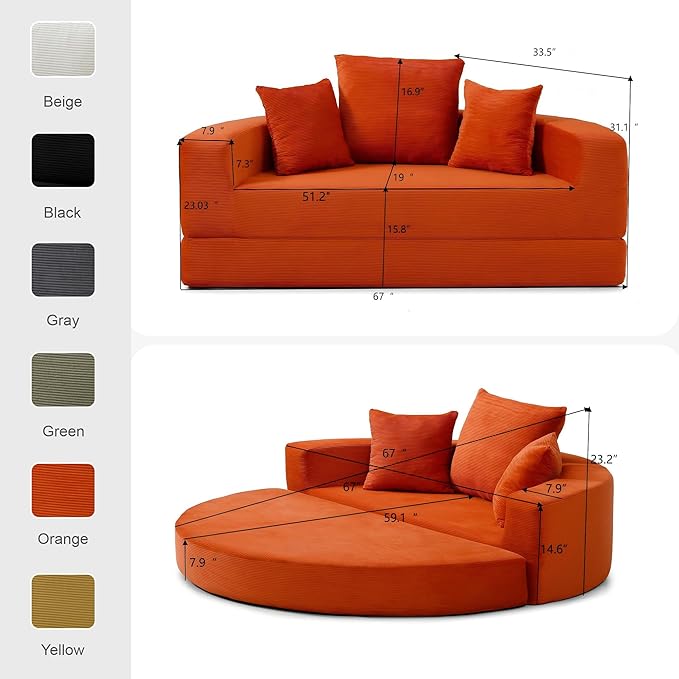 Casaphoria Convertible Sofa Bed,67'' Fold Out Sleeper Sofa with Pillows for Small Space,Multi-Functional Futon Couch for Living Room,Apartment,Guest Room(Orange)