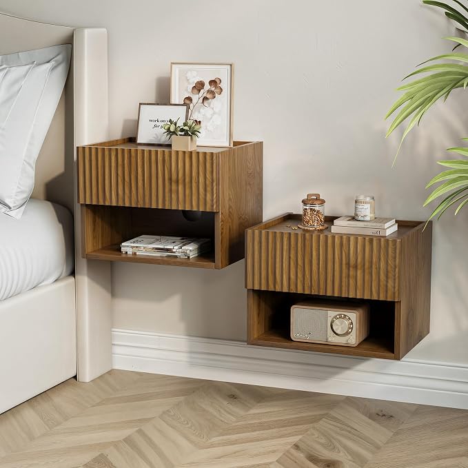 Floating Nightstand Bedroom Bedside Table - Floating Night Stand Set 2 for Small Spaces, Wall Mounted Cabinet with Storage Drawer, Brown Modern Night Stand for Dorm Hallway Entryway by Lazzanto