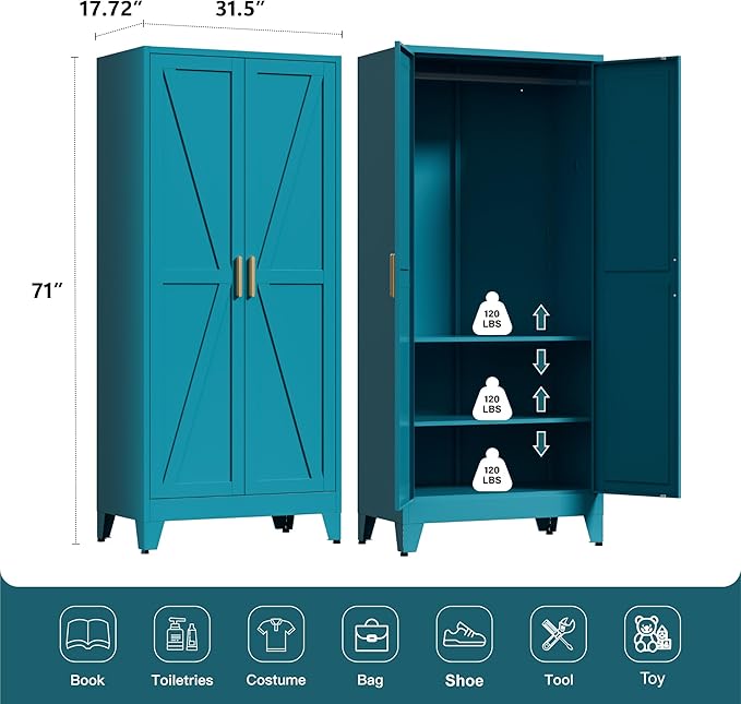 LCAOPC 71" Tall Metal Wardrobe Closet with Adjustable Shelves and Hanging Rod, 2 Doors Free Standing Armoire Wardrobe Cabinet for Bedroom, Office, Laundry Room, Blue