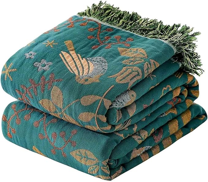 Boho Throw Blanket - 100% Cotton Soft Throw Blanket for Bed, 90"x90" Reversible Breathable Lightweight Spring Blankets, All Seasons Farmhouse Decor Floral Plant Bird Throw Quilt