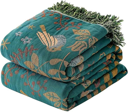 Boho Throw Blanket - 100% Cotton Soft Throw Blanket for Bed, 90"x108" Reversible Breathable Lightweight Spring Blankets, All Seasons Farmhouse Decor Floral Plant Bird Throw Quilt
