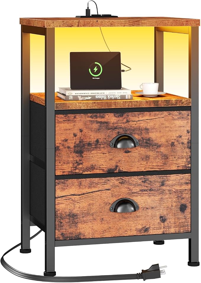Furologee Nightstand with Charging Station, End Table with LED Lights, Bedside Table with USB Ports & Outlets, Night Stands with 2 Drawers, for Living Room/Bedroom by Furologee