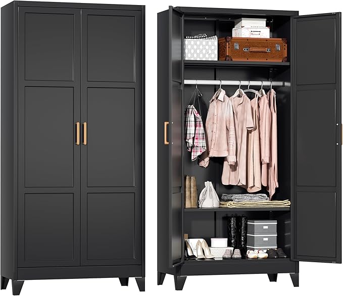 Superday Metal Wardrobe Closet, 72" H Bedroom Armoires with Wooden Handle, Metal Cabinet with Adjustable Shelves and Hanging Rods, Steel Storage Locker Closet for Home, Office, Employee, Gym (Black)