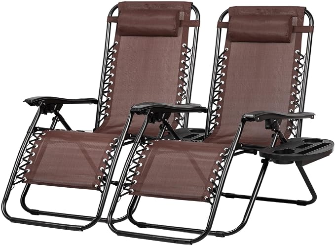 Nazhura Set of 2 Relaxing Recliners Patio Chairs Adjustable Steel Mesh Zero Gravity Lounge Chair Beach Chairs with Pillow and Cup Holder Khaki (Brown) by NazhuraGoodCompanionAtHome