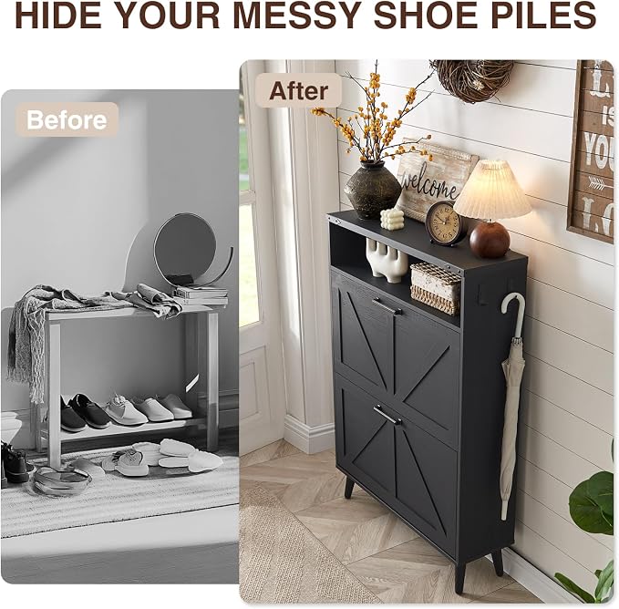 Barnyatoh Shoe Storage Cabinet, Farmhouse Shoe Organizer with 2 Flip Drawers & Barn Door,Freestanding Hidden Slim Narrow Shoe Rack Cabinet with Open Storage for Entryway, Foyer, Black - Image 5