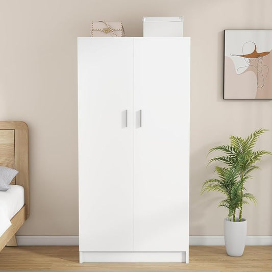 Panana 2 Door Wood Wardrobe Closet with Hanging Rail and 2 Shelves, Bedroom Armoire for Clothes Storage, 19.7" D x 30.7" W x 63" H