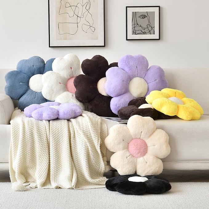 Flower Shaped Pillow, Cute Decorative Throw Pillow with Soft Artificial Rabbit Fur for Couch Bed Chair Floor, Flower Pillows Seating Cushions Room D??cor for Bedroom Living Room (14.9", White)
