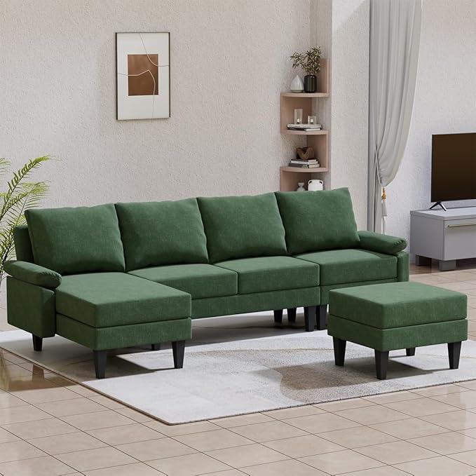 115 Inch Modular Sectional Sofa with Storage Ottoman, Modern L-Shaped Sectional Couch with Chaise, Chenille Couch for Living Room, Apartment or Small Spaces, Green