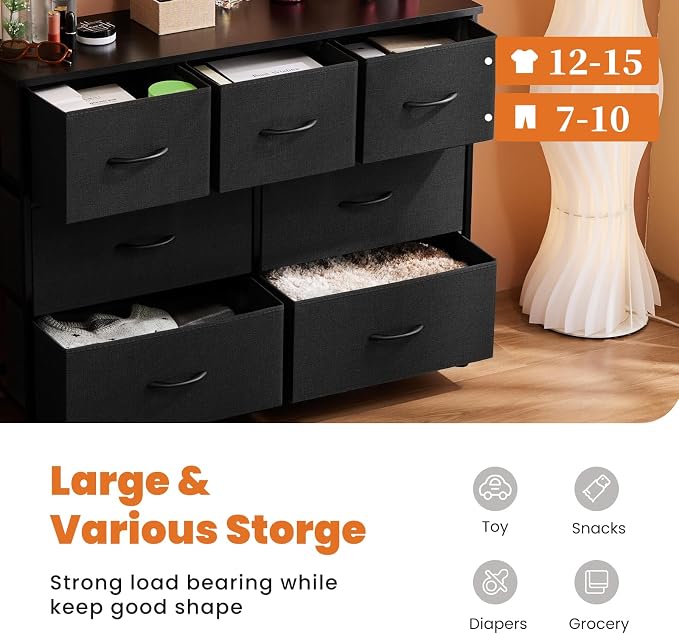 Sweetcrispy 7 Drawer Dresser Storage Organizer with Fabric Bins, Sturdy Steel Frame and Wood Top, Easy Pull Handles, for Bedroom Closet Hallway Entryway,Black - Image 4