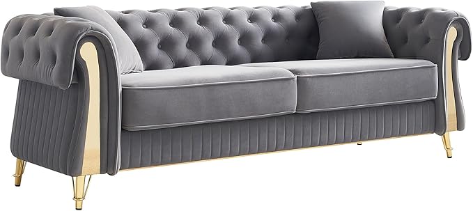 KEIKI 89" Chesterfield Velvet Button Tufted Sofa with High Density Foam Cushions and 2 Toss Pillows, Modern Style 3-Seater Couch with 4 Gold Metal Leg, Easy Assembly, for Living Room, Apartment, Grey