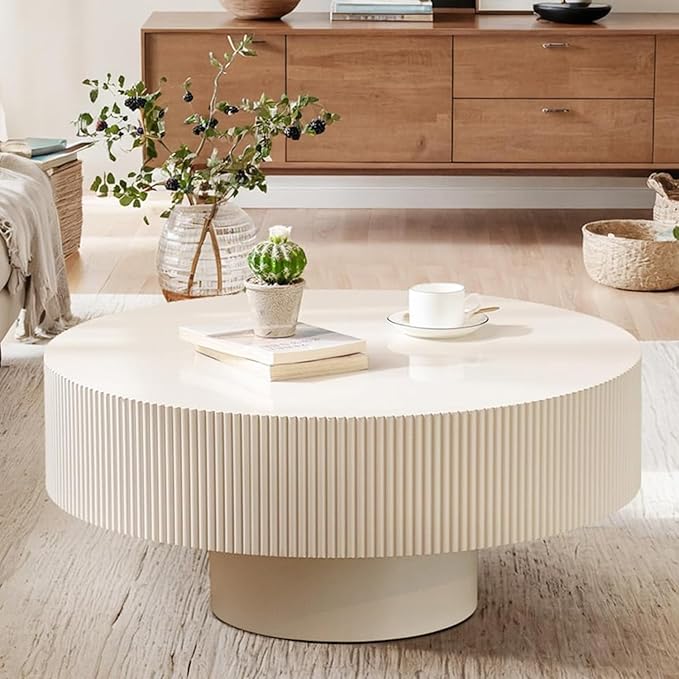 Round Coffee Table Fluted Coffee Table Wood Drum Coffee Tables Modern Circular Coffee Tables Circle Pedestal Center Table for Living Room (White Thick Desktop)