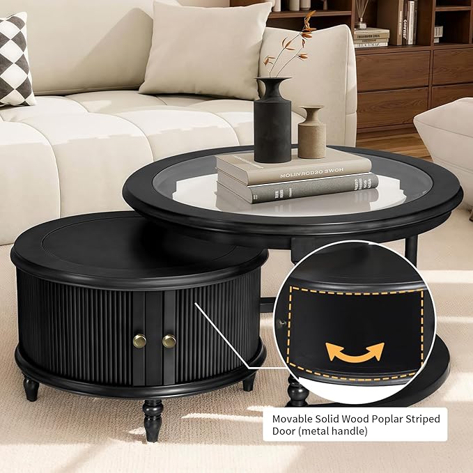31.5'' Glass Top Round Coffee Table with Storage, Solid Wood and MDF Fluted Coffee Table Set of 2 for Living Room Office, Black