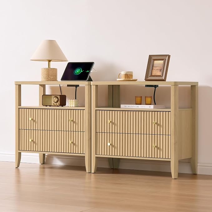 Fluted Nightstand with Charging Station Set of 2, 27.3" Wide Modern Bedside Table with 2 Drawers & Open Shelf, Large Wood End Table with Storage & Metal Handle for Bedroom, Natural Wood by Fatmok