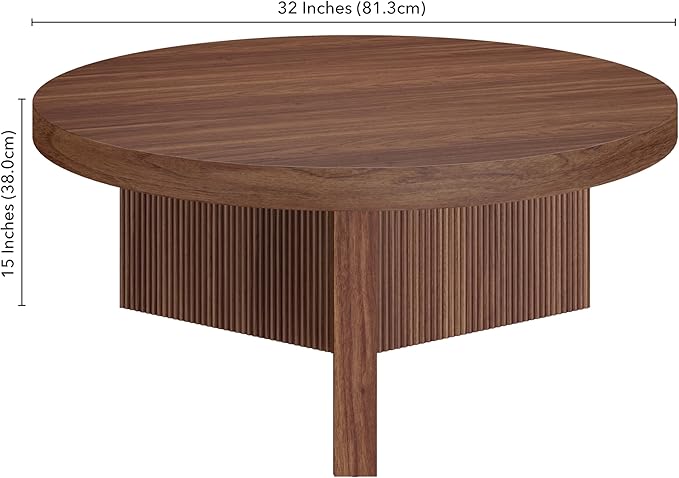 Henn&Hart 36" Fluted Round Low-Profile Coffee Table with Ribbed Pedestal Base Living Room, Family Room, or Office, Medium Walnut