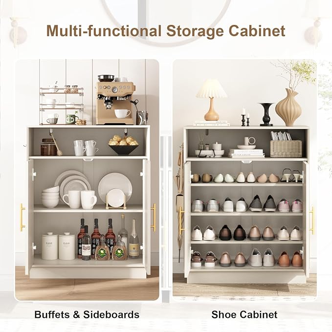 HOKYHOKY Rattan Shoe Storage Cabinet with 2 Arched Doors, 5-Tier Deep Shoe Organizer with Adjustable Shelves, Farmhouse Boho Shoe Rack Cabinet for Entryway, Rustic White - Image 5