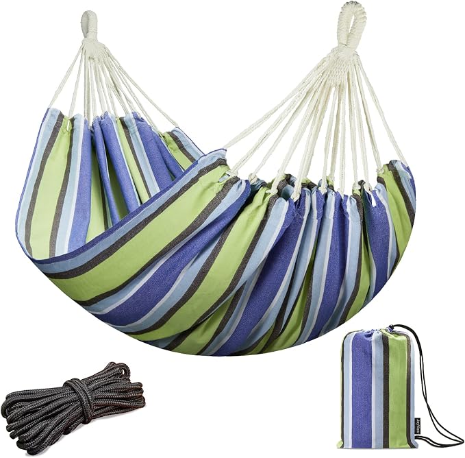 JoyView Brazilian Double Hammock with Hanging Ropes Extra Large 86.6x59” Portable Cotton Hammock for Patio Backyard Porch 450LBS Weight Capacity Perfect for Outdoor/Indoor - Blue & Green Stripes by JoyView