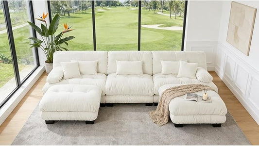 133.8" U-Shaped Cloud Couch, Oversized Modular Sectional Sofa, Deep Seat Cloud Boneless Couch, 3-Seat Modular Sectional Sofa with 2 Ottoman or Living Room,Bedroom and Apartment, White