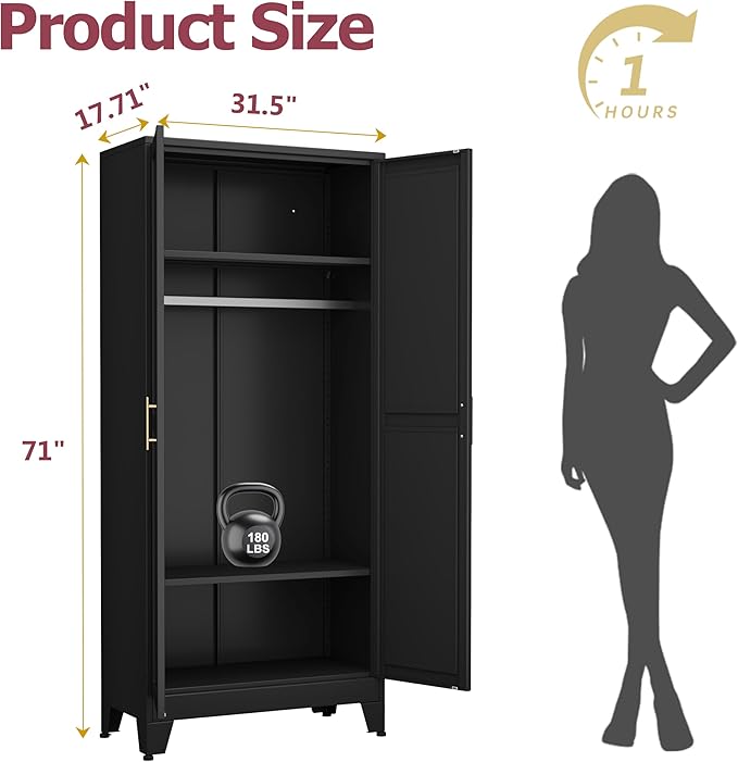 GAIOUS Metal Wardrobe Cabinet with Hanging Rod, 71" Metal Clothing Storage Cabinets with 2 Doors and Adjustable Shelves, Black Armoire Wardrobe Closet for Bedroom, Laundry Room, Cloak Room