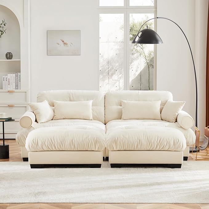KEIKI 94" Oversized Velvet Modular Sectional Loveseat Sofa with 2 Ottoman, High-Density Foam Cushions and Bolstered Armrests, Upholstered 2-Seater Cloud Couch with 4 Pillow, for Living Room, Cream