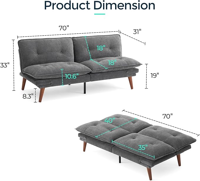 LINSY HOME Futon Sofa Bed, 70" Chenille Futon Couch with Adjustable Backrest Armrest, 3 in 1 Convertible Comfy Loveseat Sleeper Sofa Bed for Small Spaces Dorm Room Apartment Home Office, Dark Grey