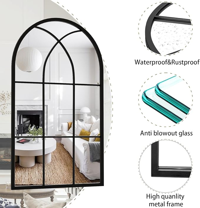 Rowjut Arched Wall Mirror 42" x 24" Window ＆ Wall Decorative Mirror, Iron Framed Window Pane Mirrors, Arched Top Wall Mirror for Entryway Living Room, Bedroom, Fireplace (Black) - Image 5