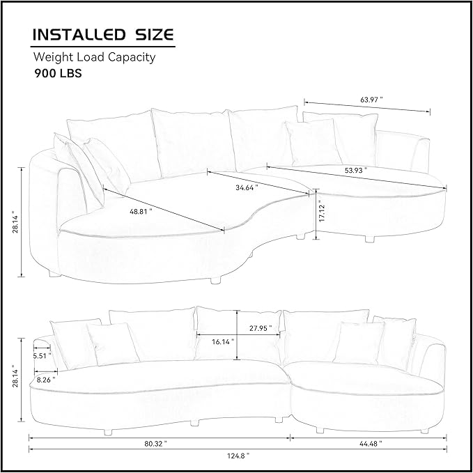 ERYE Luxury Curved Upholstered Sectional Sofa for Living Room, 129" Oversized Unique Curved Leisure Sofa Couch with Right Facing Chaise Lounge & 7 Pillows for Home Apartment