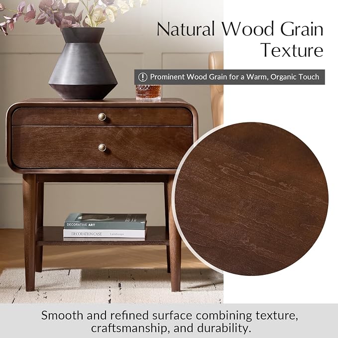 HULALA HOME Nightstand with Pull-Out Shelf, Mid Century Modern End Table with Storage Drawer, Charging Station, Solid Wood Legs, Walnut - Image 6